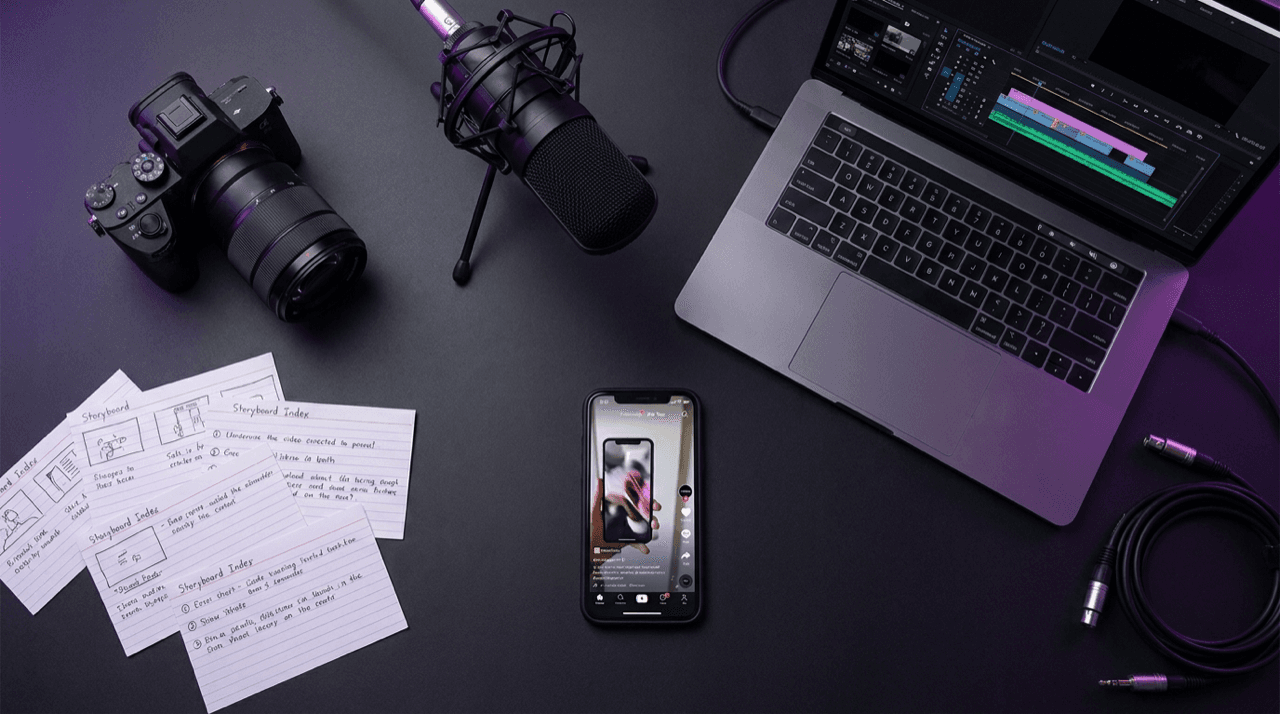 Postlit Media content production — camera, mic, editing timeline