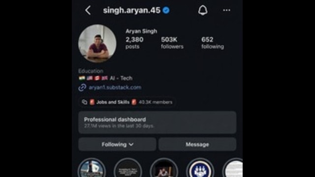 Aryan Singh · EdTech/AI creator: Instagram analytics showing 503K followers · 27.1M views in 30 days