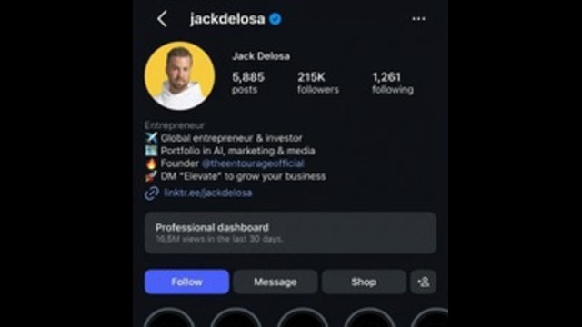 Jack Delosa · Global entrepreneur: Instagram analytics showing 16.5M views/month