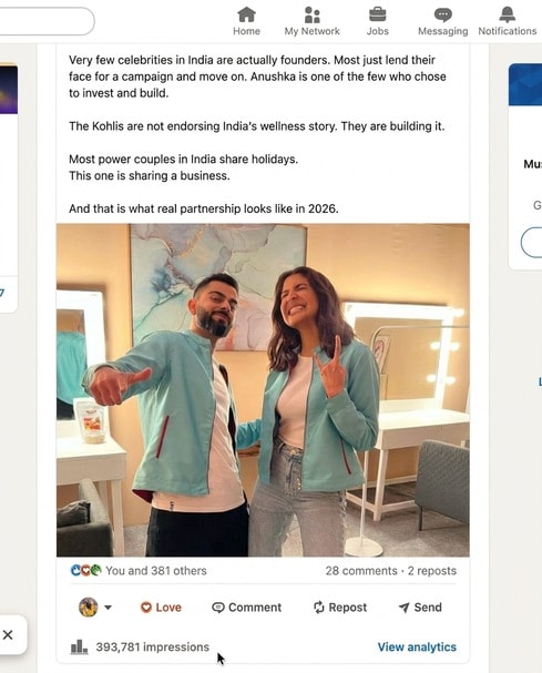 Venture Voices · Muskan Agrawal: LinkedIn analytics showing 300K+ avg. impressions per post